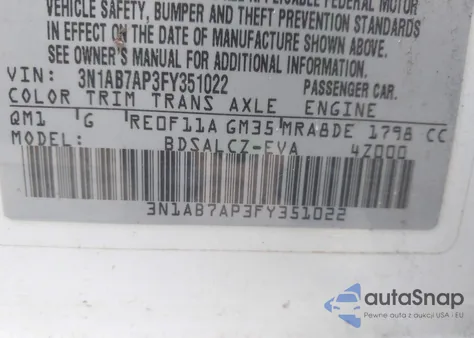 2015 Nissan Sentra S z USA, uszkodzony, nr VIN 3N1AB7AP3FY351022